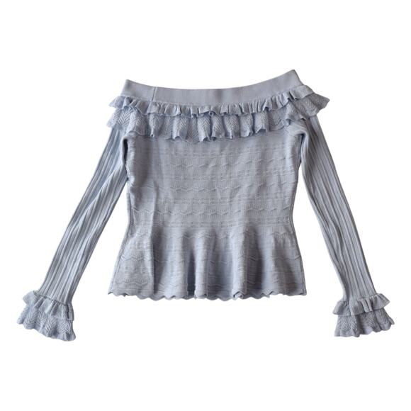 Jonathan Simkhai Light Pastel Blue Knit Off The Shoulder Ruffle Top Size Medium - Picture 5 of 7